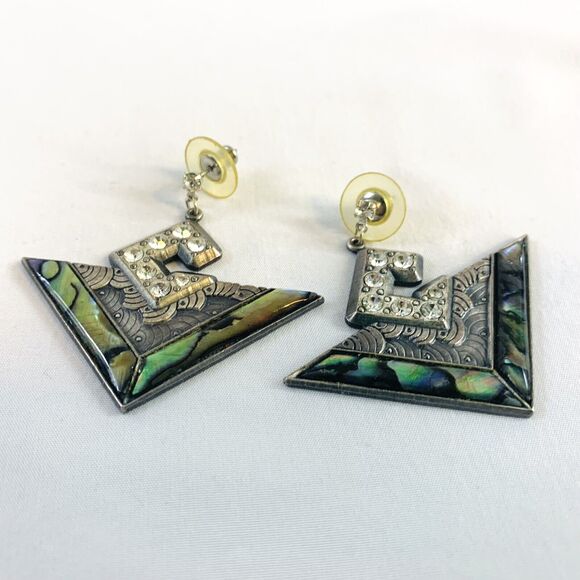 Vintage 80’s Richard NURI Pewter Earrings w/ Abalone Inlay Art Deco Style - Picture 2 of 7
